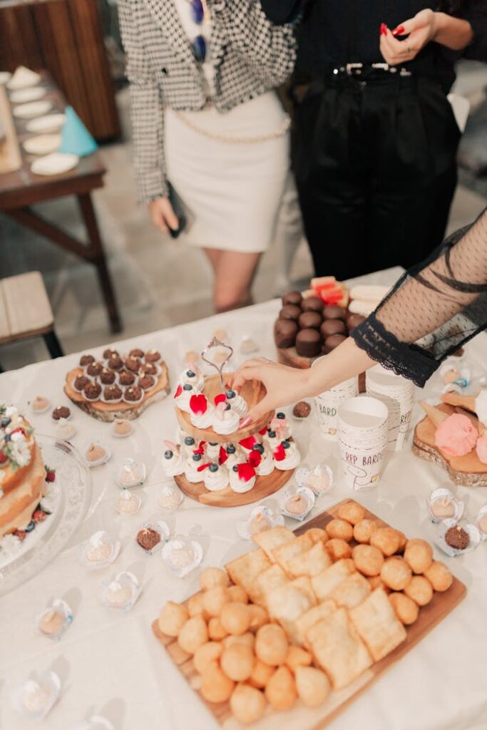A stylish dessert table with pastries and cakes, perfect for celebrations.
